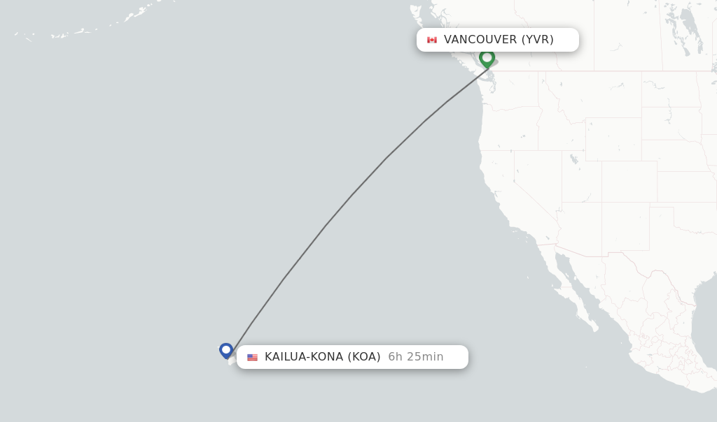 Flights from Vancouver to Kailua-Kona route map