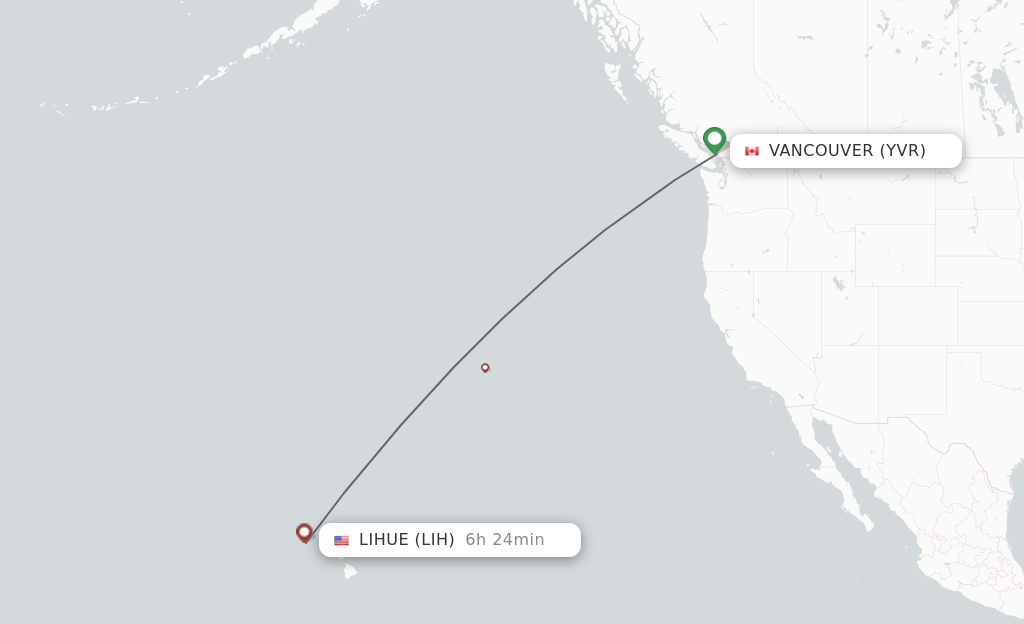Flights from Vancouver to Kauai Island route map