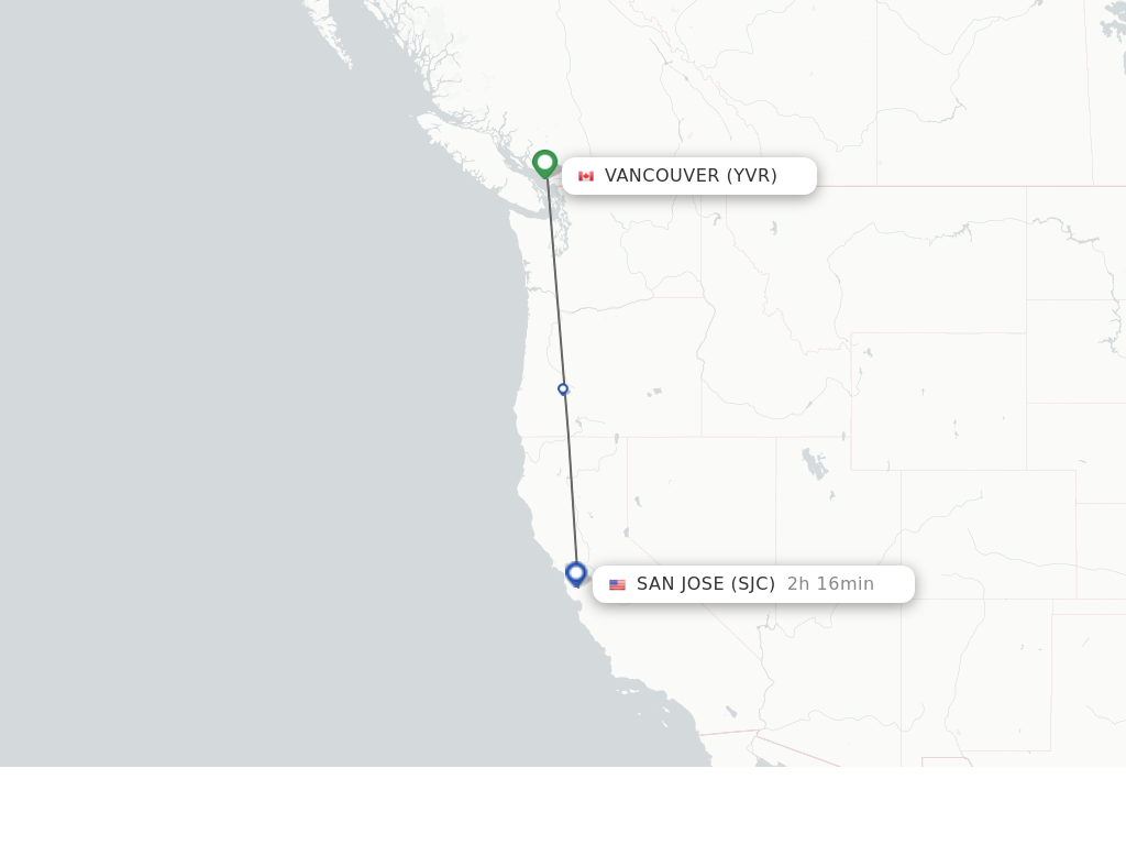 Flights from Vancouver to San Jose route map