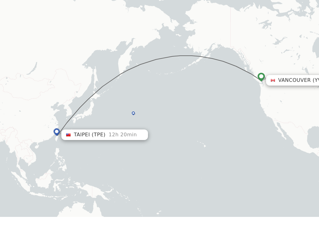 Flights from Vancouver to Taipei route map