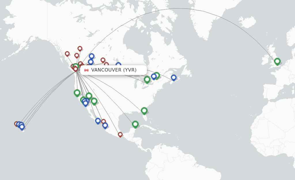 Route map with flights from Vancouver with WestJet
