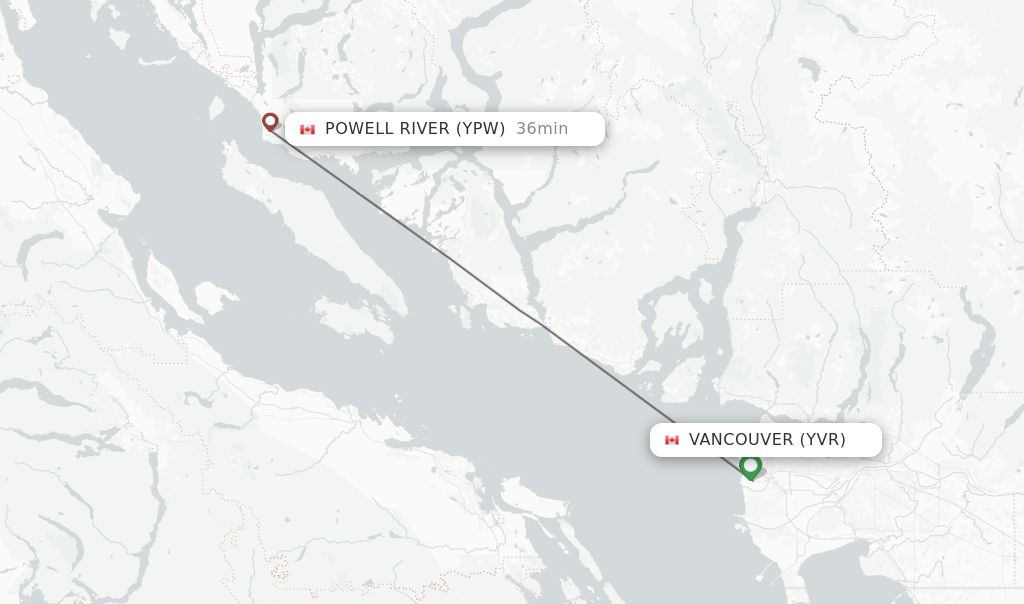 Flights from Vancouver to Powell River route map