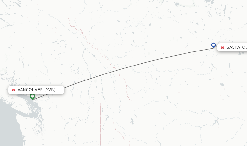 Flights from Vancouver to Saskatoon route map