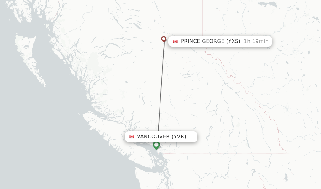 Flights from Vancouver to Prince George route map