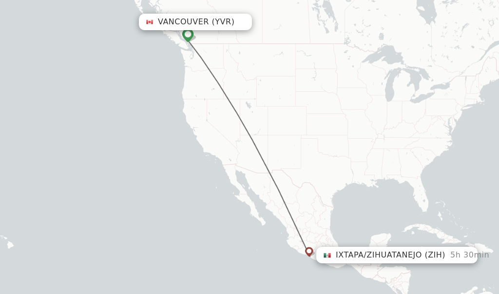 Flights from Vancouver to Ixtapa/Zihuatanejo route map
