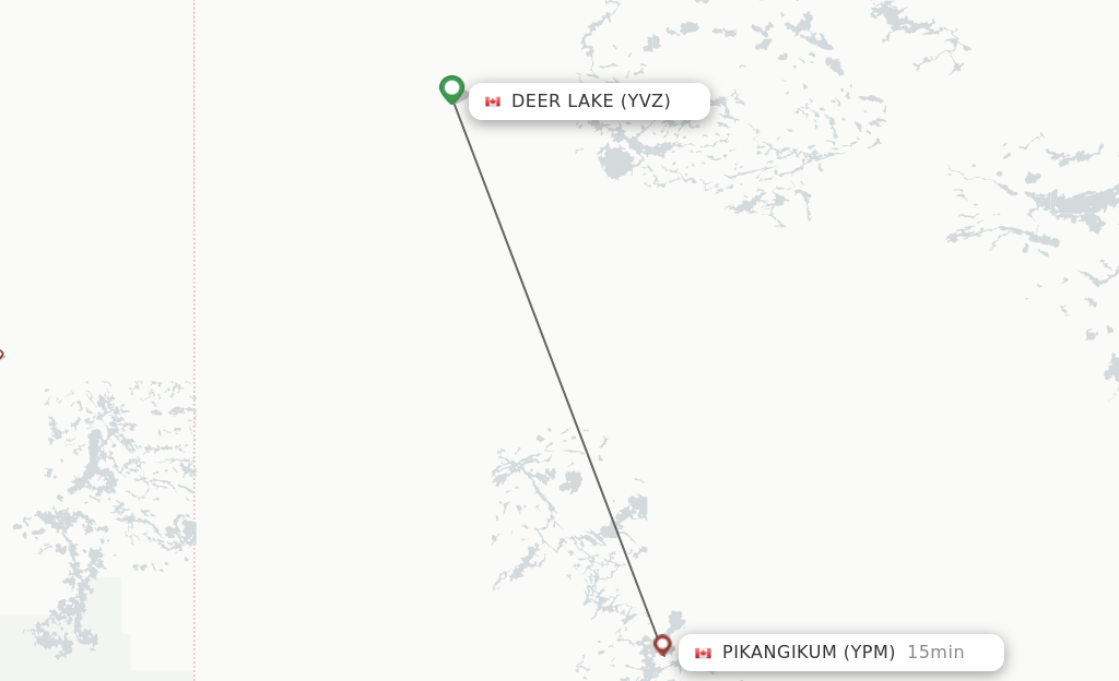 Flights from Deer Lake to Pikangikum route map
