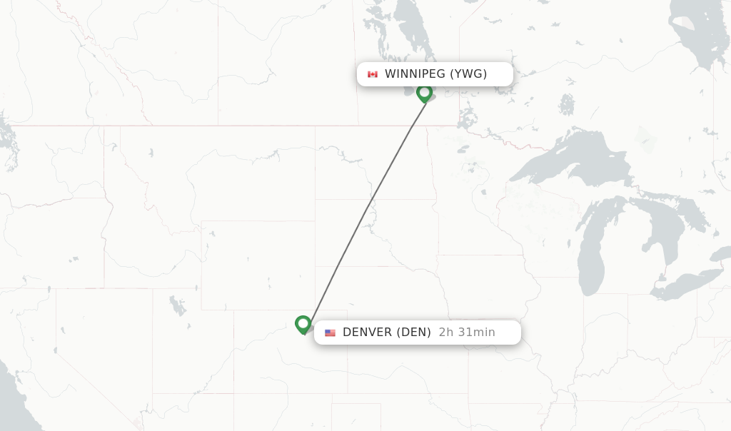 Flights from Winnipeg to Denver route map
