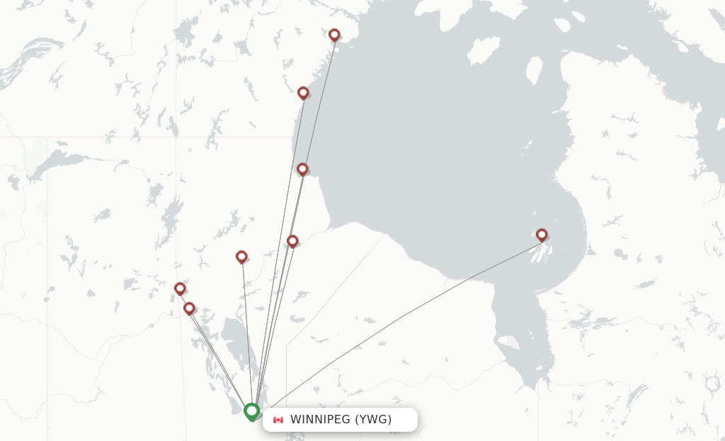 Route map with flights from Winnipeg with Calm Air International