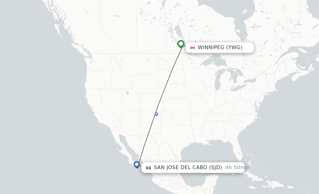 Flights from Winnipeg to San Jose Cabo route map