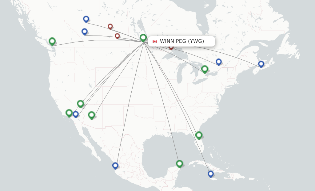 Route map with flights from Winnipeg with WestJet