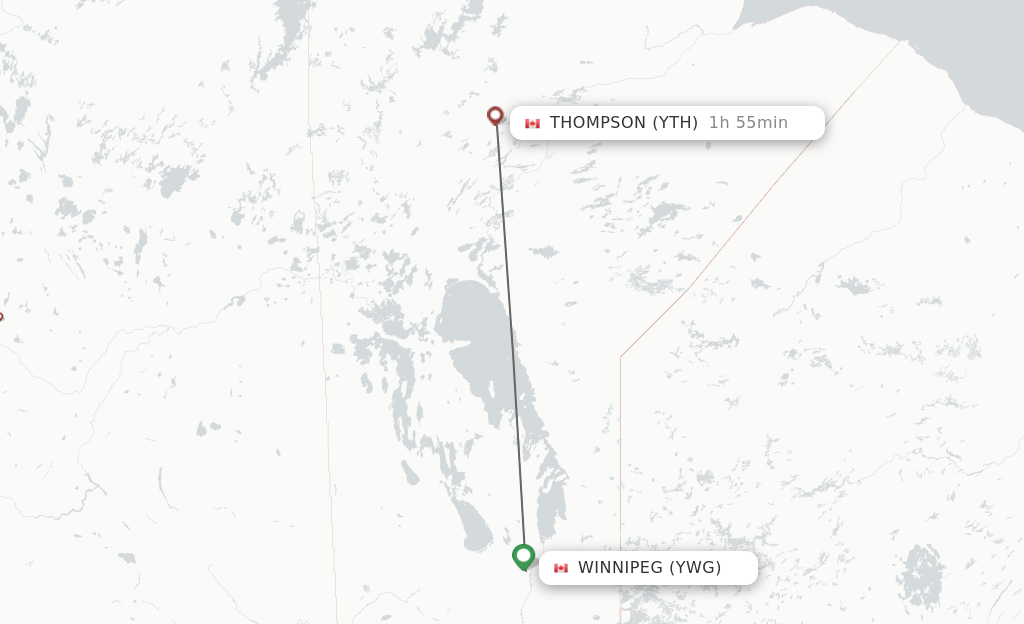 Flights from Winnipeg to Thompson route map