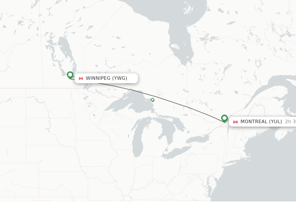 Flights from Winnipeg to Montreal route map