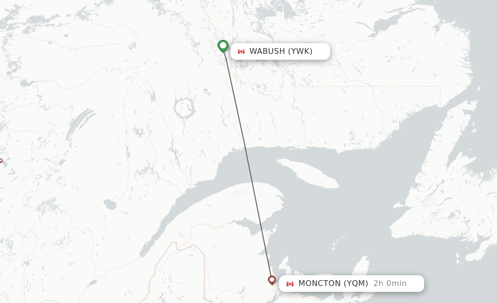 Flights from Wabush to Moncton route map