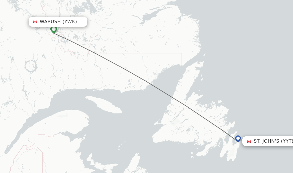 Flights from Wabush to St. John's route map
