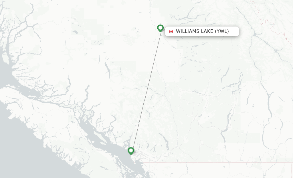 Route map with flights from Williams Lake with Pacific Coastal Airlines