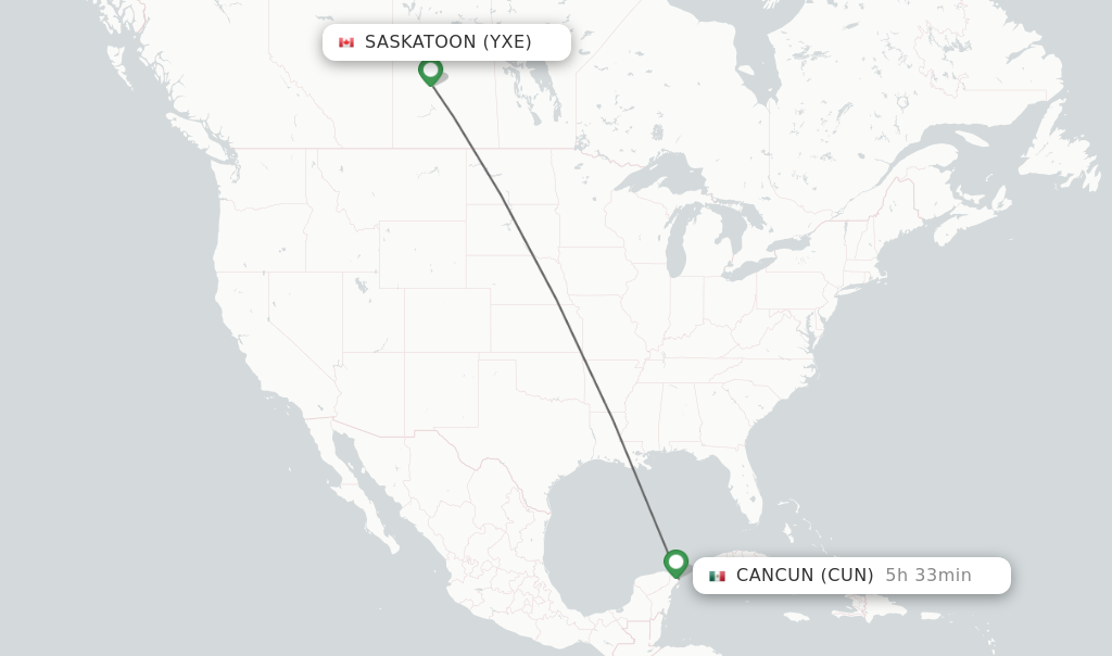 Flights from Saskatoon to Cancun route map