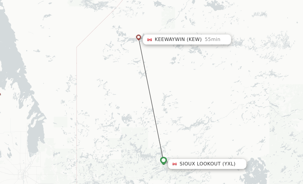Flights from Sioux Lookout to Keewaywin route map