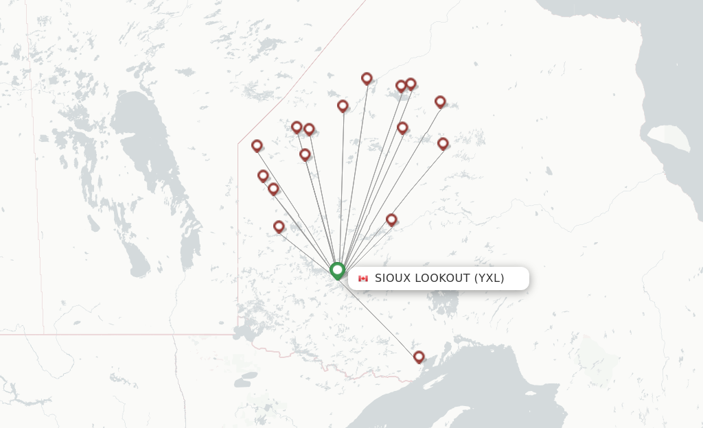 Route map with flights from Sioux Lookout with Wasaya Airways