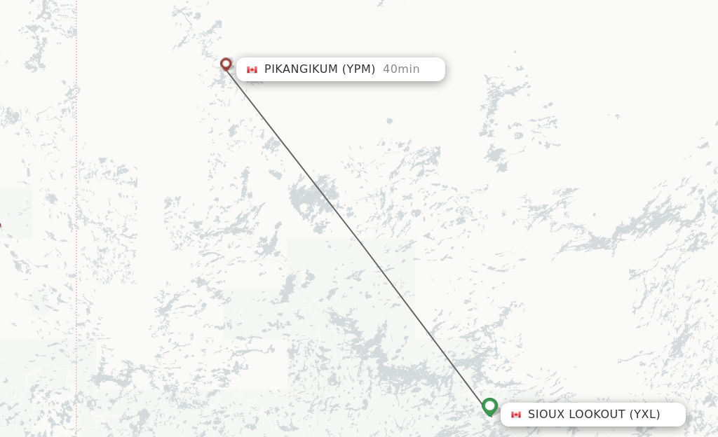 Flights from Sioux Lookout to Pikangikum route map
