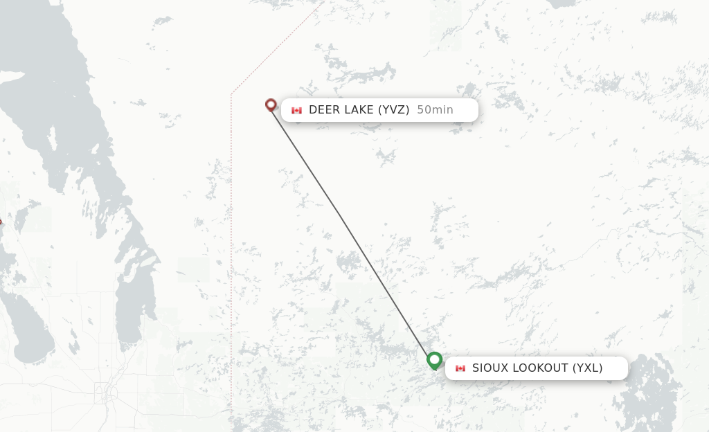 Flights from Sioux Lookout to Deer Lake route map