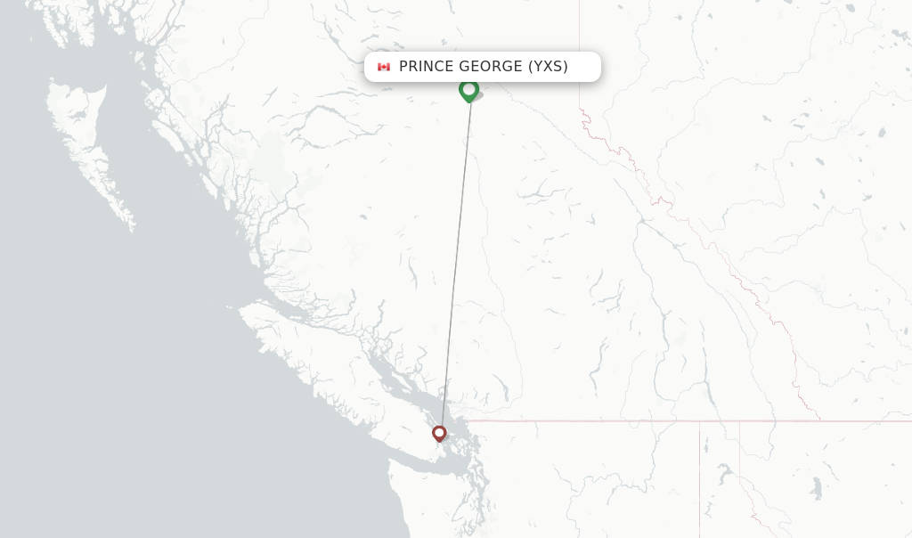 Route map with flights from Prince George with Pacific Coastal Airlines