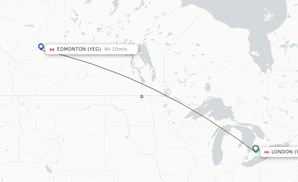 Flights from London to Edmonton route map