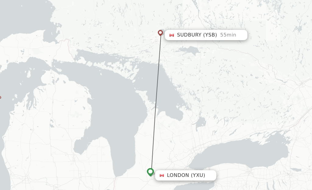 Flights from London to Sudbury route map