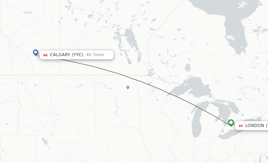 Flights from London to Calgary route map
