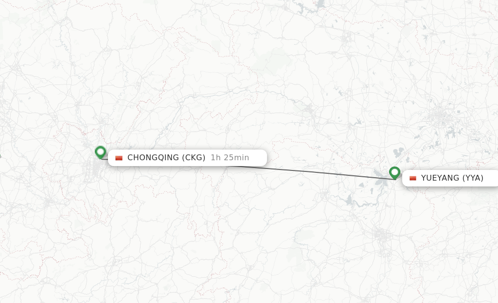 Flights from Yueyang to Chongqing route map