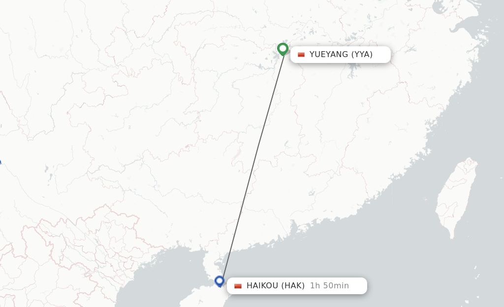 Flights from Yueyang to Haikou route map