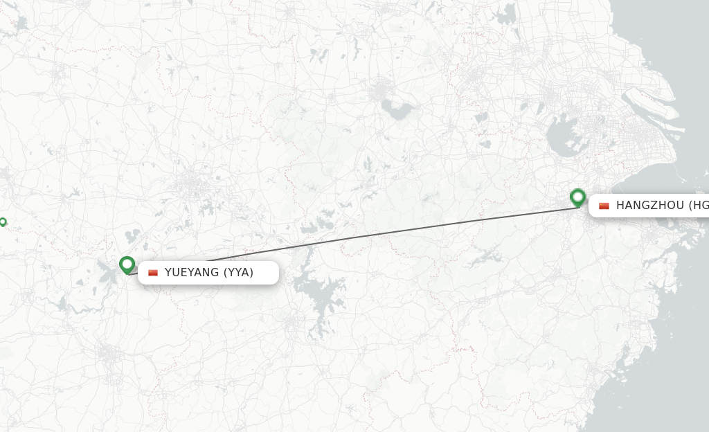 Flights from Yueyang to Hangzhou route map