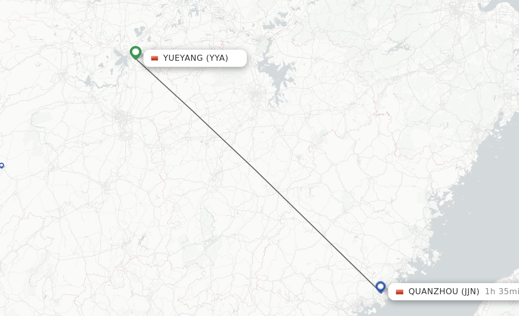 Flights from Yueyang to Jinjiang route map