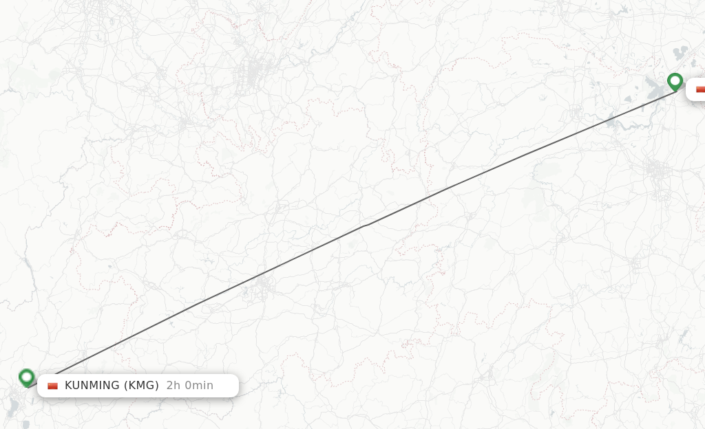 Flights from Yueyang to Kunming route map