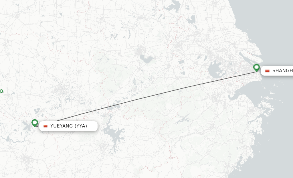 Flights from Yueyang to Shanghai route map