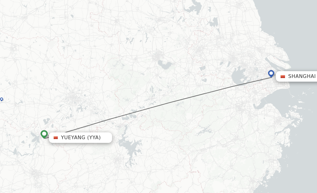 Flights from Yueyang to Shanghai route map