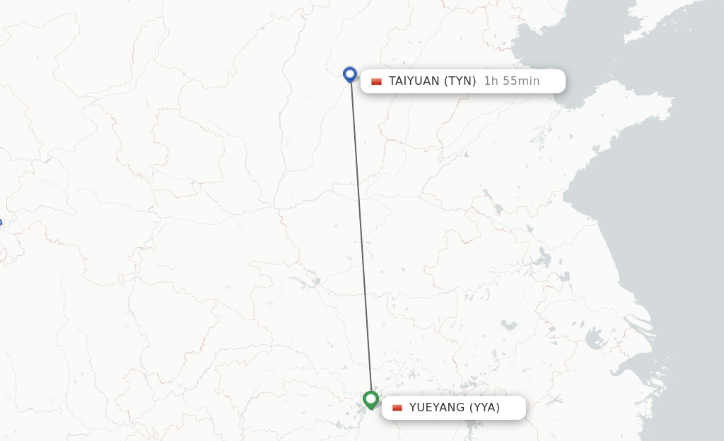 Flights from Yueyang to Taiyuan route map