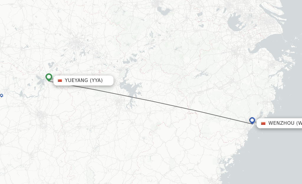Flights from Yueyang to Wenzhou route map