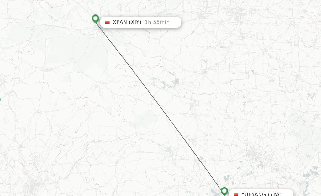 Flights from Yueyang to Xian route map