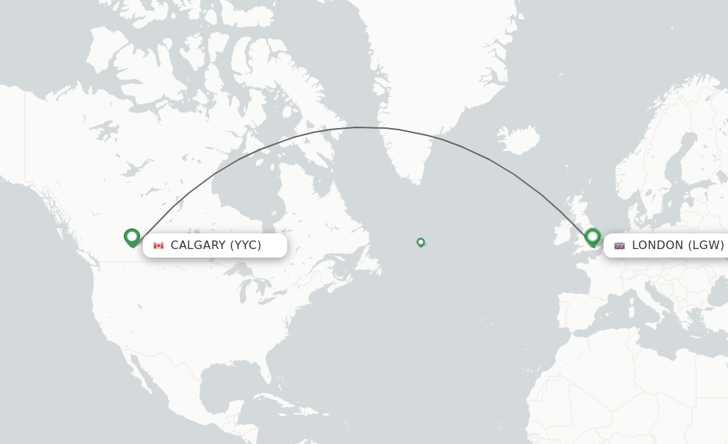 Flights from Calgary to London route map