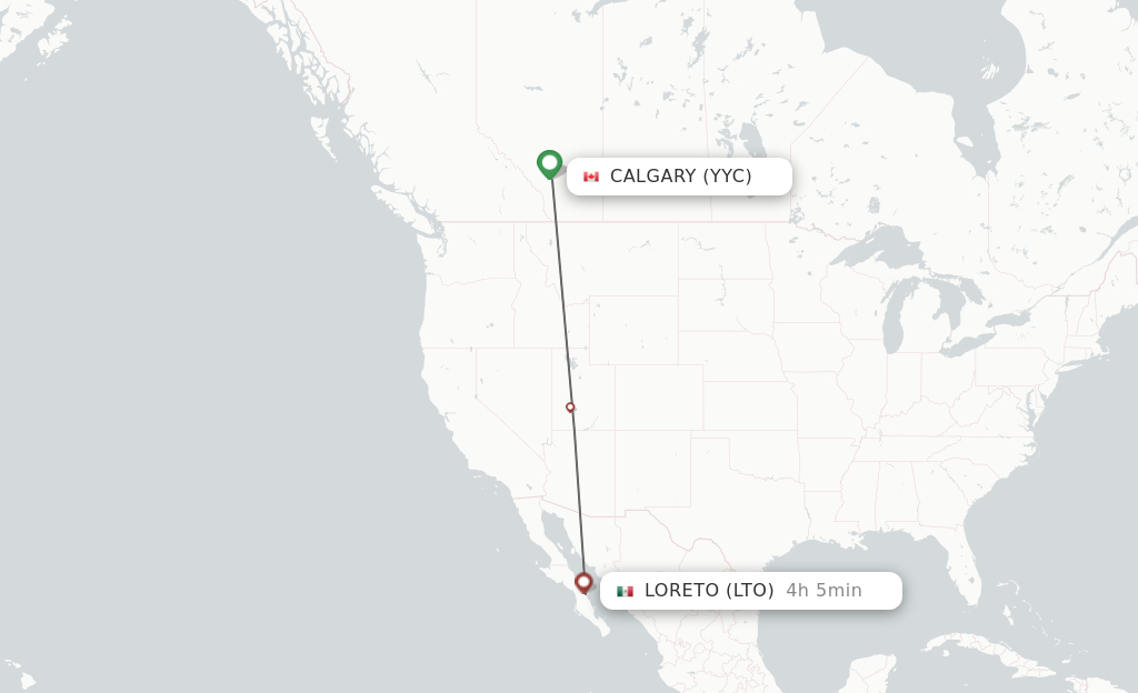 Flights from Calgary to Loreto route map