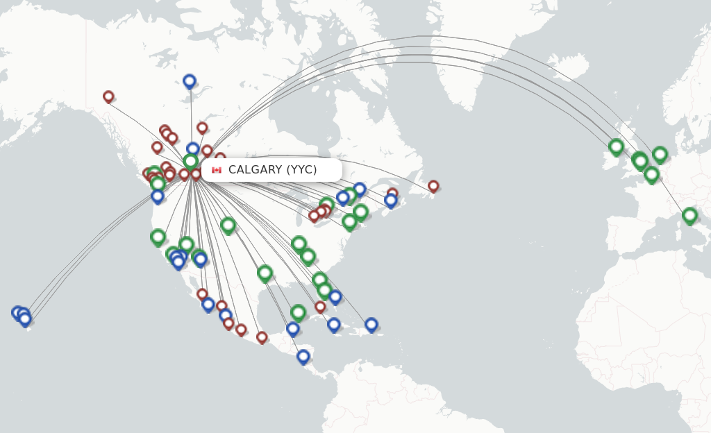Route map with flights from Calgary with WestJet