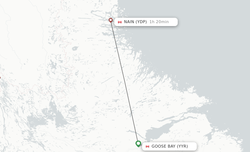 Flights from Goose Bay to Nain route map