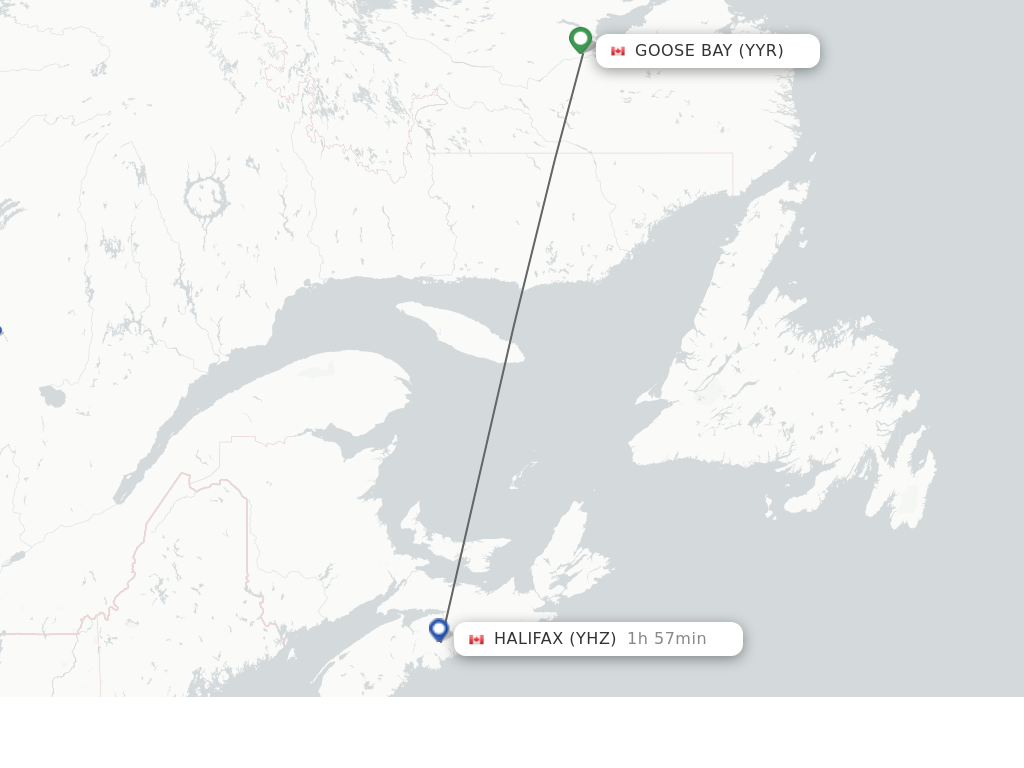 Flights from Goose Bay to Halifax route map
