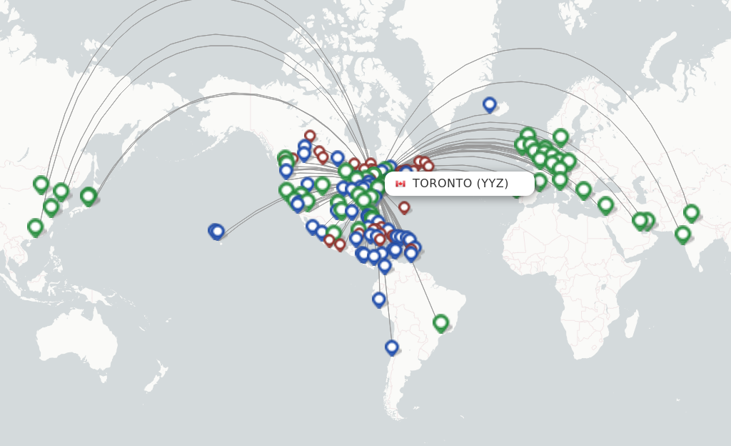 Route map with flights from Toronto with Air Canada