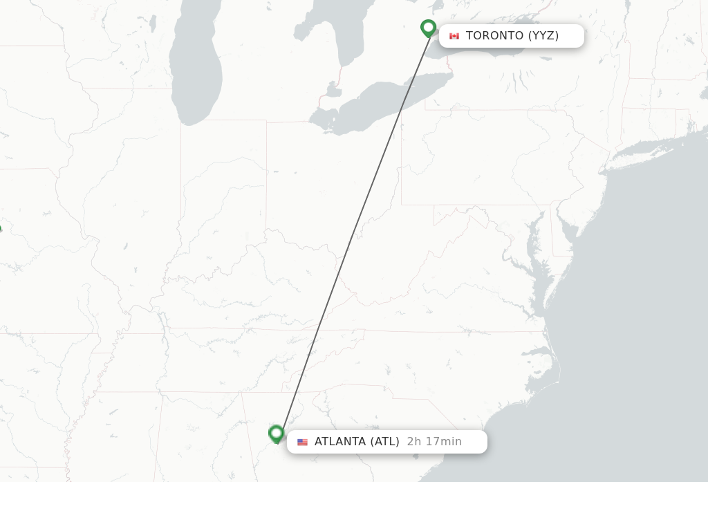 Flights from Toronto to Atlanta route map