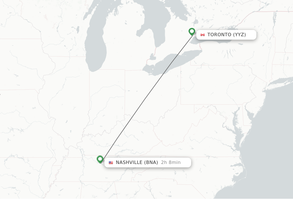 Flights from Toronto to Nashville route map