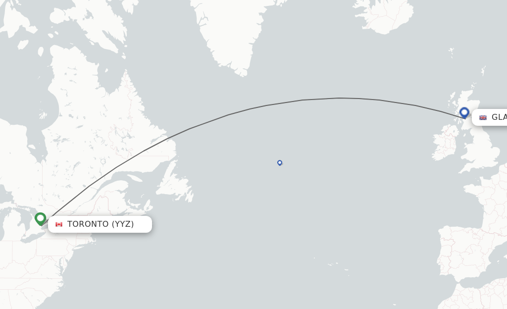 Flights from Toronto to Glasgow route map