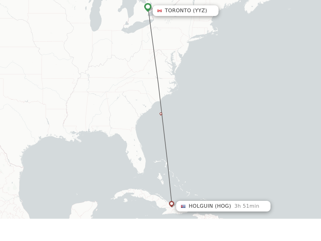 Flights from Toronto to Holguin route map
