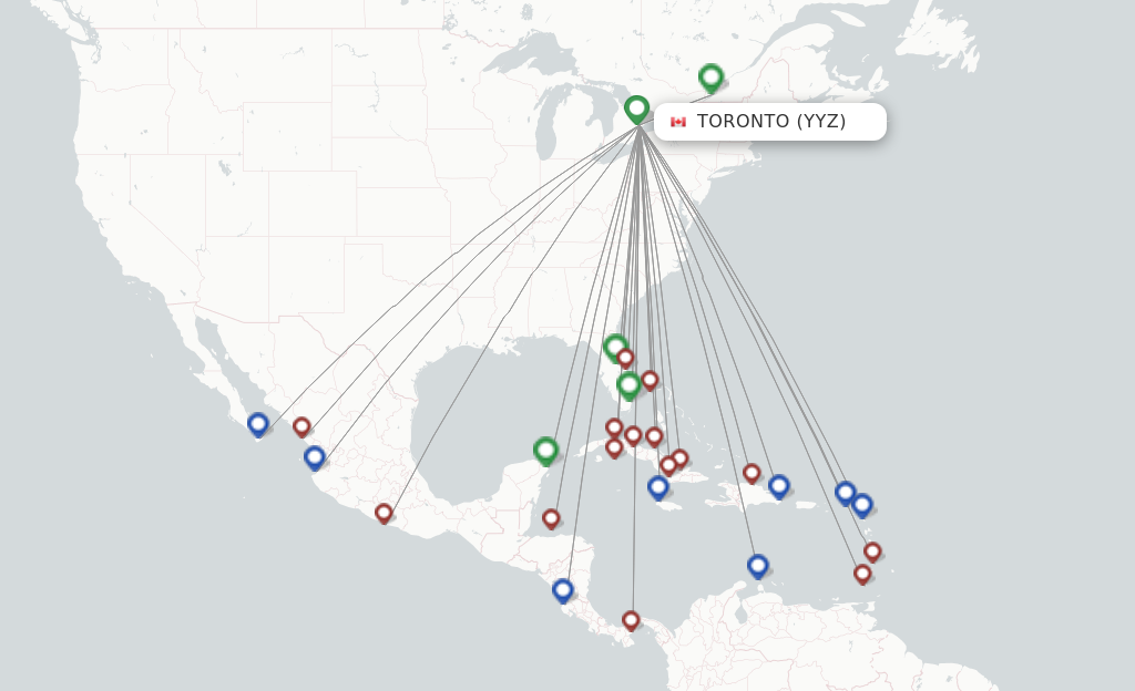 Route map with flights from Toronto with Sunwing Airlines