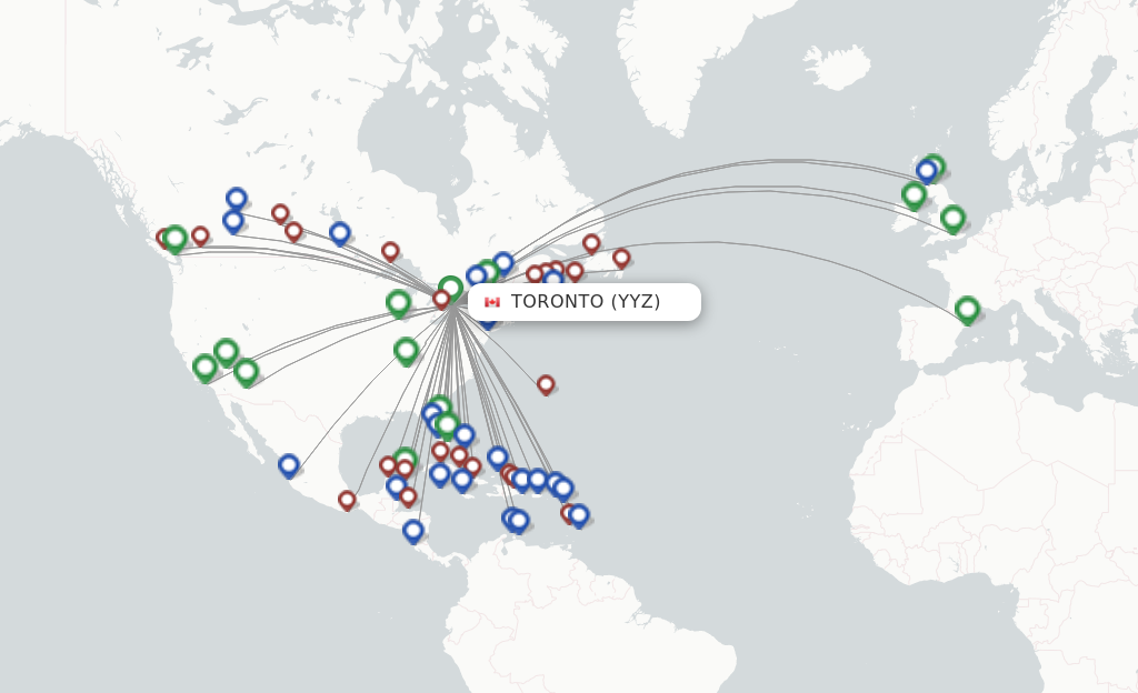 Route map with flights from Toronto with WestJet